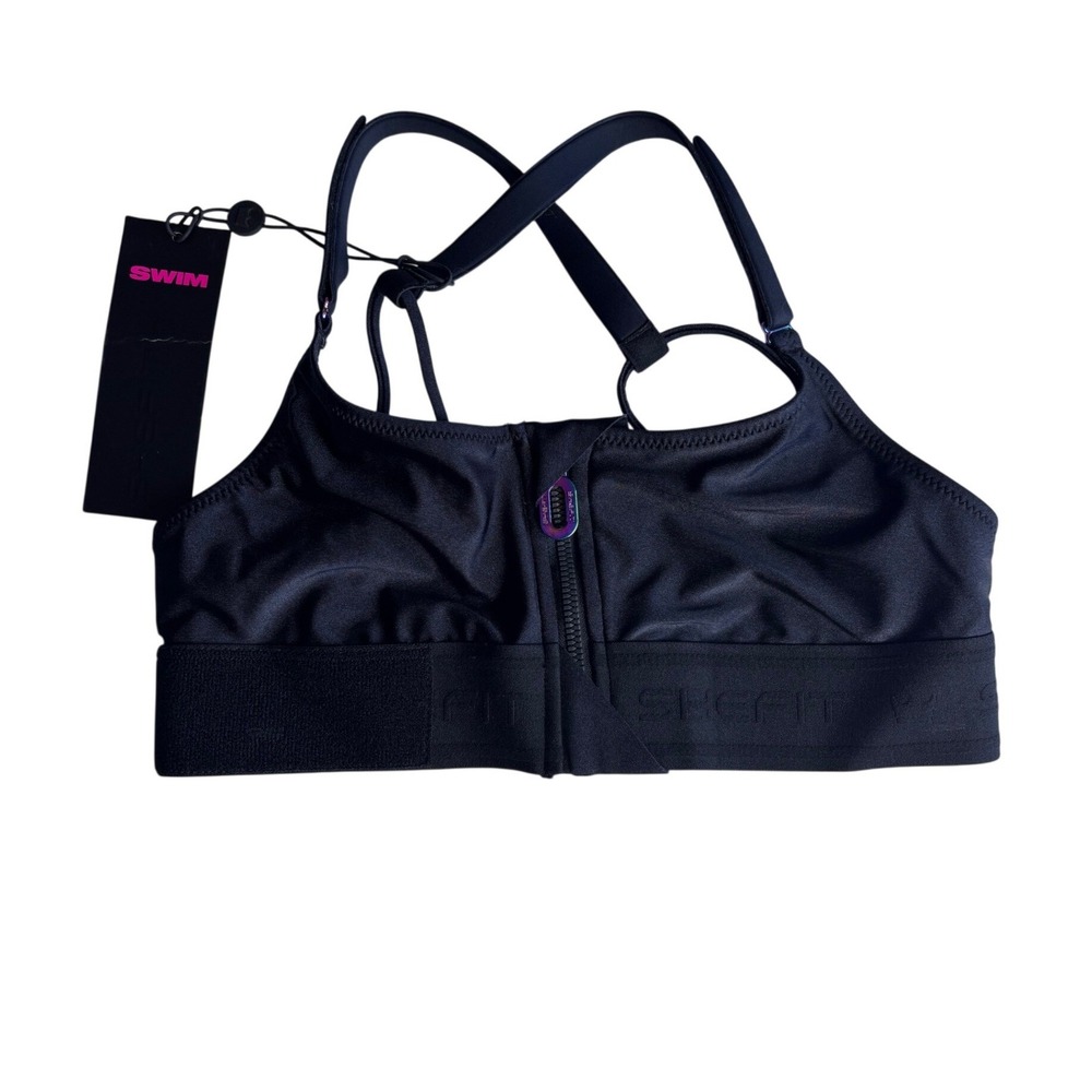 NWT SHEFIT Zip Front Bikini Top Black Athletic Swimwear Iridescent Zipper Medium